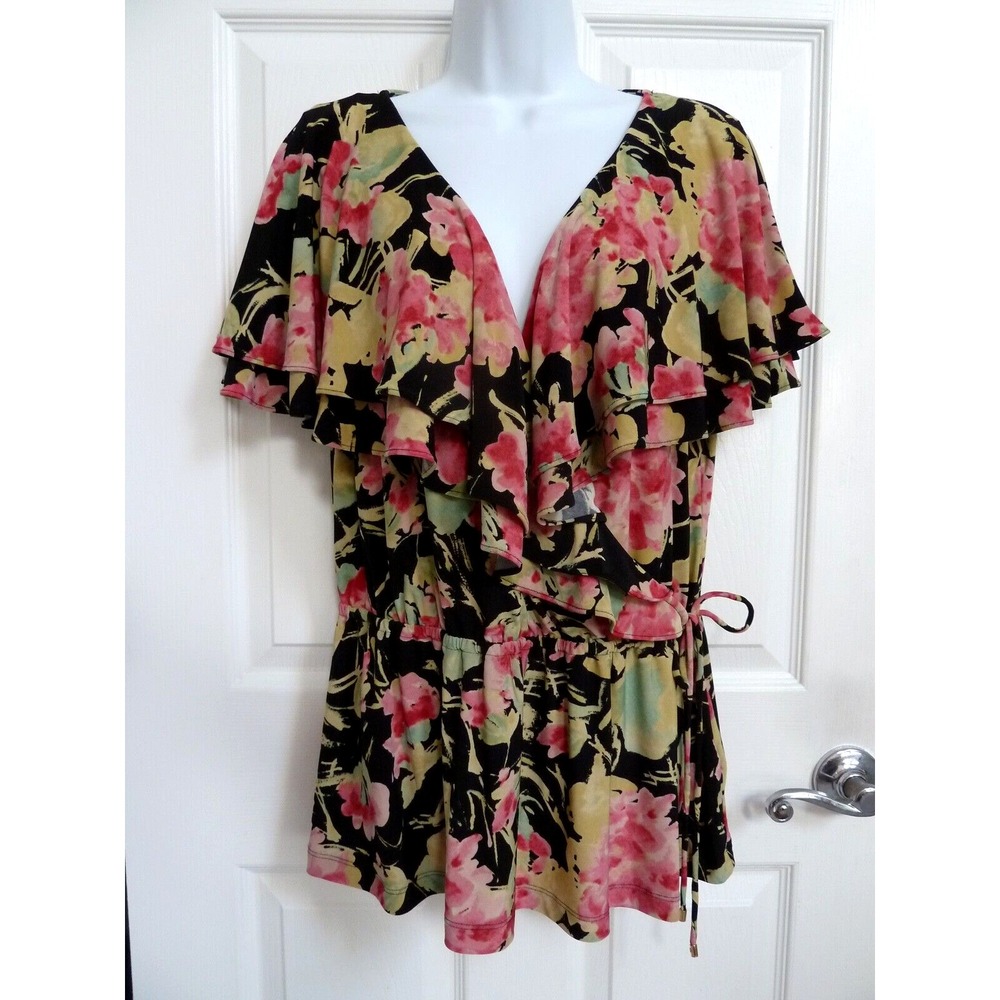 Lauren Ralph Lauren Floral Surplice Ruffle Flutter Sleeve Blouse Black Pink L